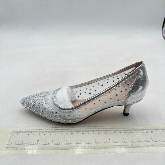 XYD Silver Pointed Closed Toe Slip On Mesh Pumps Rhinestone Kitten Heel Shoes - Picture 2 of 8